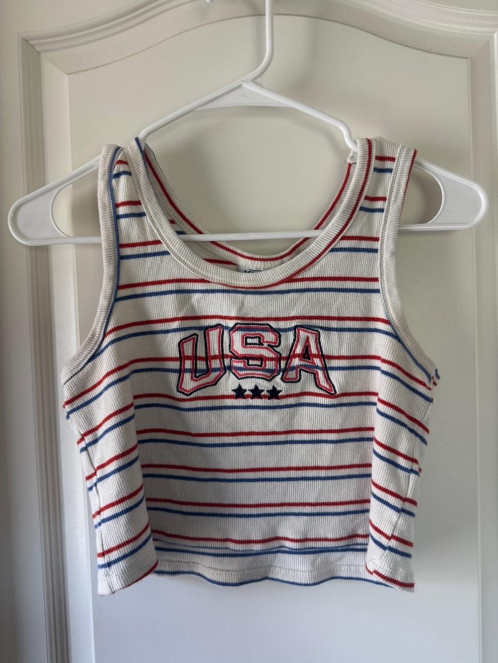 Mighty Fine Cream Tank Top with Red and Blue Stripes - USA Graphic / BB33